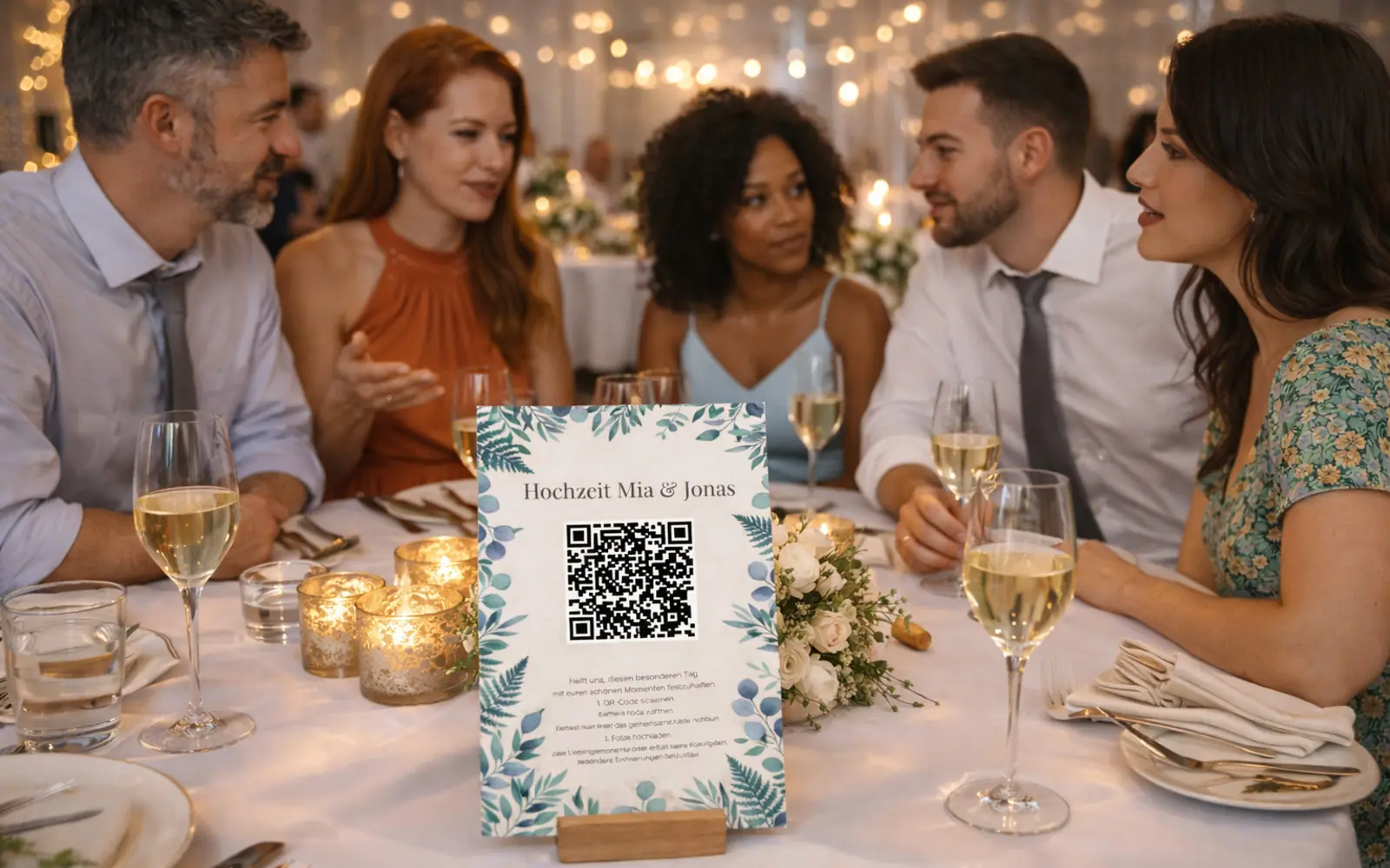 Gedruckte QR-Tischkarte auf einem Eventtisch