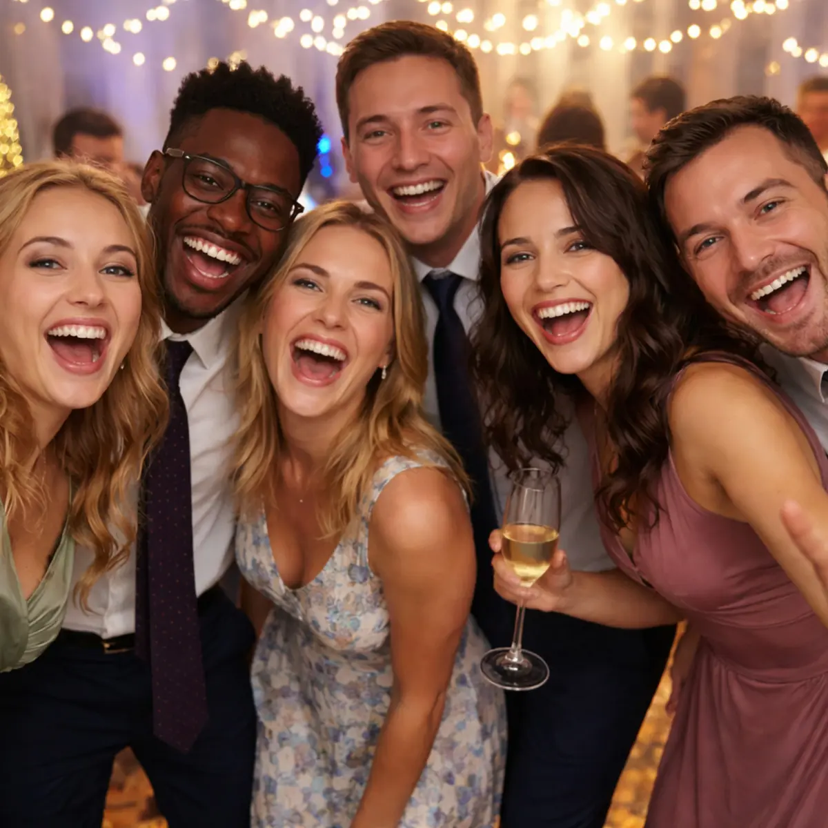 Guests at a business event in a lively shared moment